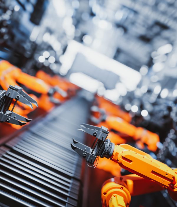 Robotic arms along assembly line in modern factory. Heavy industry, technology and machine learning. 3D rendering